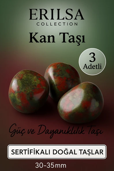 Sertifikalı Doğal Kan Taşı (Heliotrop) Kütle – 3 Adetli Güç ve Dayanıklılık Taşı 30-35 mm ürün görseli 1