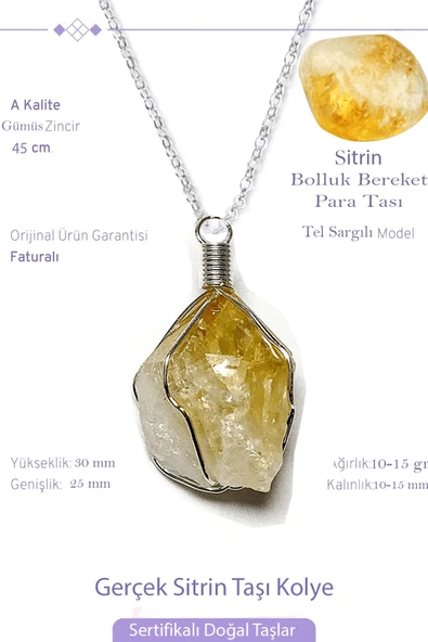 Sertifikalı Gerçek Tel Sargılı Ham İşlenmemiş Sitrin Taşı Kolye ürün görseli 1