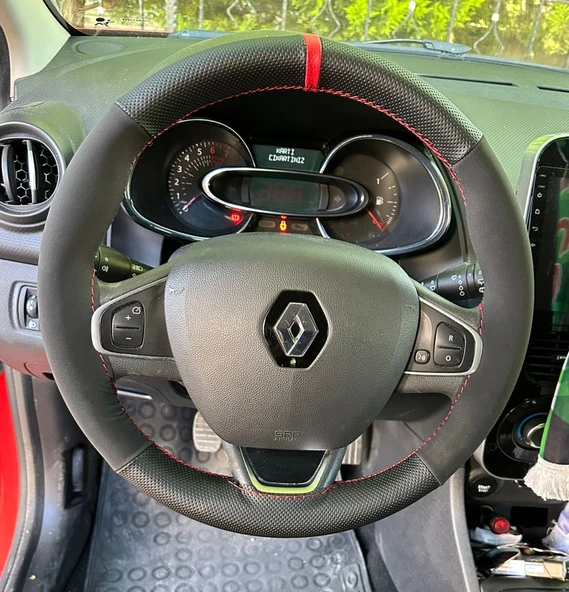 DİKİŞLİ DİREKSİYON KILIFI NOKTALI / NUBUK DERİ KIRMIZI YÜZÜK KIRMIZI DİKİŞLİ RENAULT CLİO 4 İÇİN ürün görseli 1