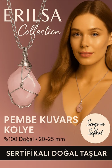 Sertifikalı Gümüş Tel Sargılı Pembe Kuvars Taşı Kolye – 25-30 mm Sevgi ve Şefkat Taşı ürün görseli 1