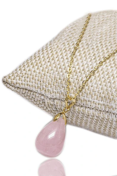 Sertifikalı Doğal Pembe Kuvars Taşı Kolye - 24k Altın Kaplama ürün görseli 1