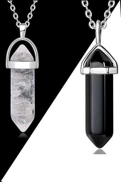 Sertifikalı Çivi Model Kristal Kuvars-obsidyen Doğal Taş Çift Sevgili Kolyeleri ürün görseli 1