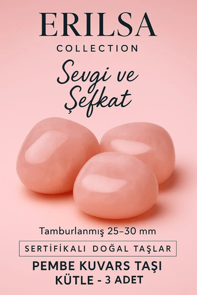 Sertifikalı Doğal Pembe Kuvars Taşı Kütle 3 Adet (25-30 mm) – Aşk ve Huzur Enerjisi ürün görseli 1