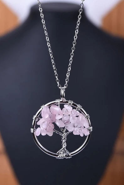 Sertifikalı Pembe Kuvars Taşı Hayat Ağacı Kolye ürün görseli 1