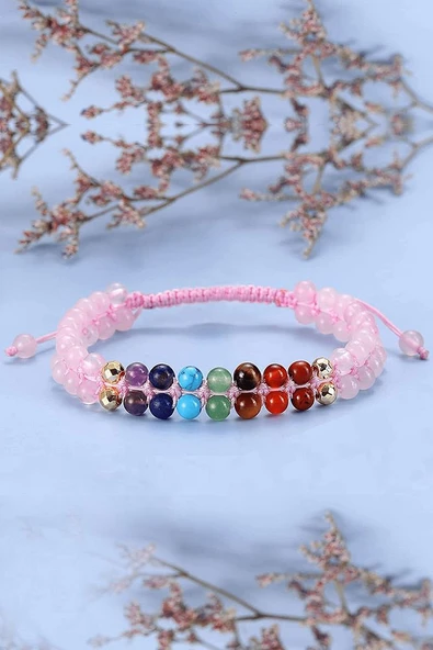 Pembe Kuvars 7 Çakra Doğal Taş Bileklik - Ametist Lapis Firuze Aventurin Kaplan Gözü Akik Jasper ürün görseli 1
