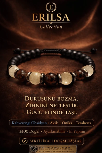 Sertifikalı Oniks Kahverengi Obsidyen Akik Taşı Bileklik - 8 mm Doğal Taş Terahertz Aparatlı ürün görseli 1