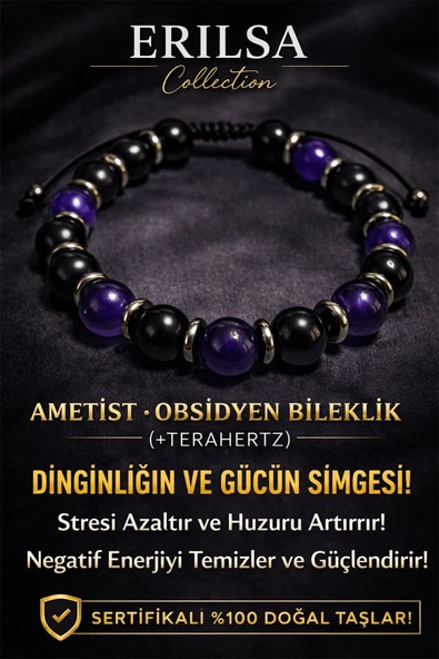 Sertifikalı Obsidyen - Ametist Taşı Bileklik - 8 mm Doğal Taş Terahertz Aparatlı Unisex El Yapımı ürün görseli 1