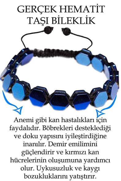 Sertifikalı Altıgen Mavi Hematit Taşı Bileklik - Makrome ürün görseli 1