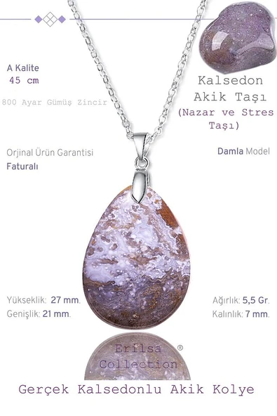 Sertifikalı Damla Model Kalsedon Akik Taşı Kolye (GÜMÜŞ APARATLI) ürün görseli 1