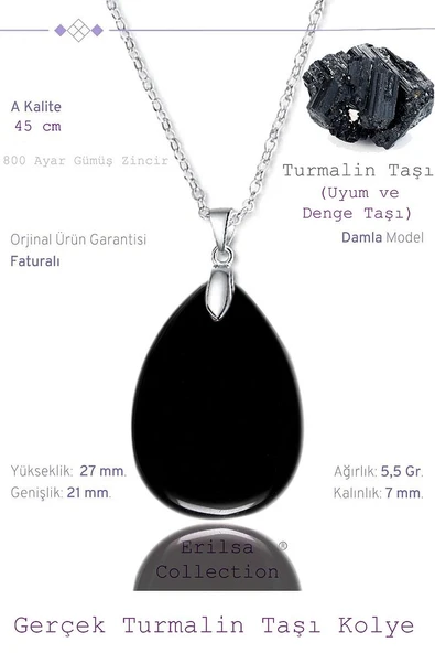 Sertifikalı Damla Model Siyah Turmalin Taşı Kolye (GÜMÜŞ APARATLI) ürün görseli 1