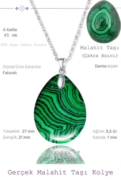 Sertifikalı Damla Model Malahit Taşı Kolye (GÜMÜŞ APARATLI) ürün görseli 1