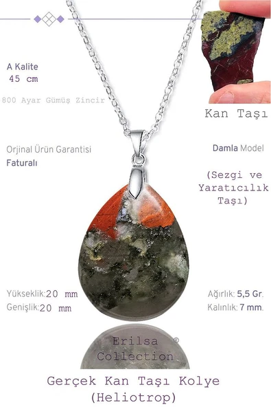 Sertifikalı Damla Model Kan Taşı Kolye (HELİOTROP) - Gümüş Aparatlı ürün görseli 1