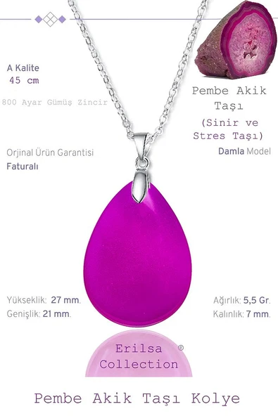 Sertifikalı Damla Model Pembe Akik Taşı Kolye (GÜMÜŞ APARATLI) ürün görseli 1