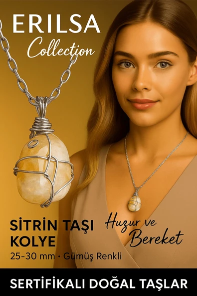 Sertifikalı Gümüş Tel Sargılı Doğal Sitirin Taşı Kolye – 25-30 mm Bolluk ve Pozitif Enerji Taşı ürün görseli 1