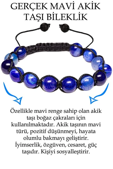 Sertifikalı Damarlı Mavi Akik Taşı Bileklik - Makrome ürün görseli 1