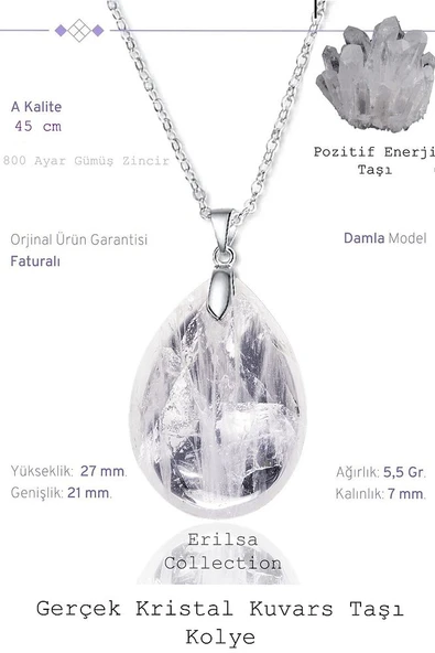 Sertifikalı Damla Model Kristal Kuvars Taşı Kolye (GÜMÜŞ APARATLI) ürün görseli 1