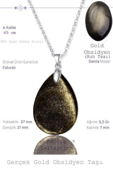 Sertifikalı Damla Model Gold Obsidyen Taşı Kolye (GÜMÜŞ APARATLI) ürün görseli 1