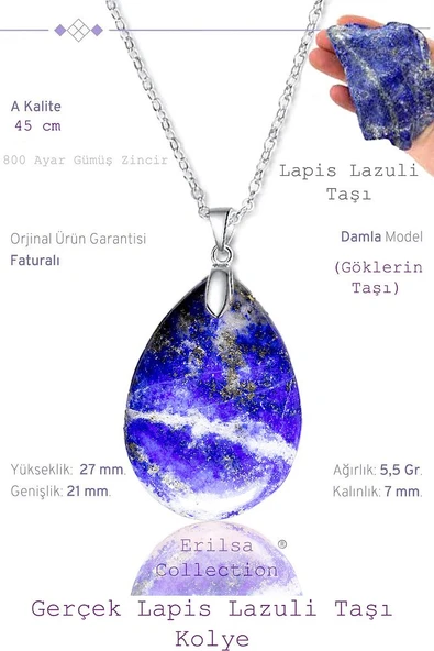 Sertifikalı Damla Model Lapis Lazuli Taşı Kolye (GÜMÜŞ APARATLI) ürün görseli 1