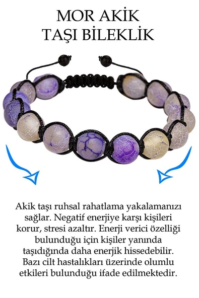Sertifikalı Açık Mor Gri Damarlı Akik Taşı Bileklik - Makrome ürün görseli 1