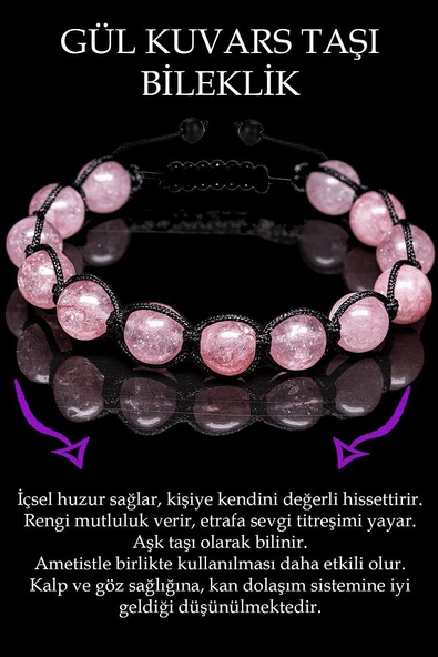 Sertifikalı Gül Kuvars Taşı Bileklik - Makrome ürün görseli 1