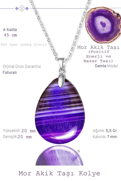 Sertifikalı Damla Model Damarlı Mor Akik Taşı Kolye (GÜMÜŞ APARATLI) ürün görseli 1