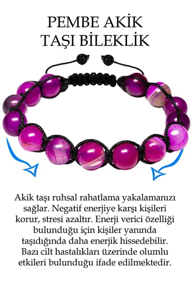 Sertifikalı Parlak Pembe Akik Taşı Bileklik - Makrome ürün görseli 1