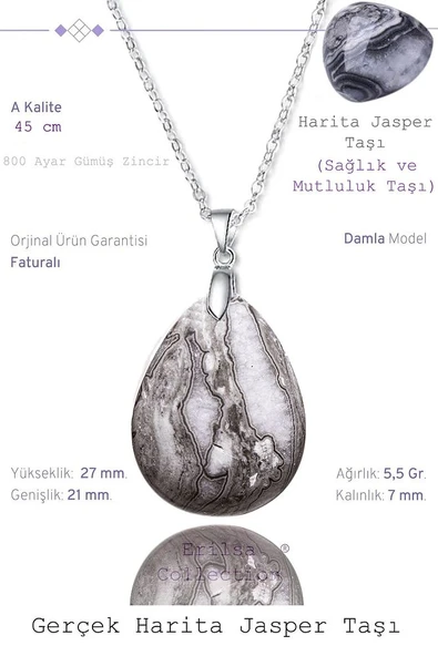 Sertifikalı Damla Model Desenli Harita Jasper Taşı Kolye (GÜMÜŞ APARATLI) ürün görseli 1
