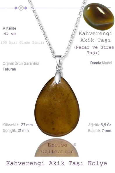 Sertifikalı Damla Model Kahverengi Akik Taşı Kolye (GÜMÜŞ APARATLI) ürün görseli 1