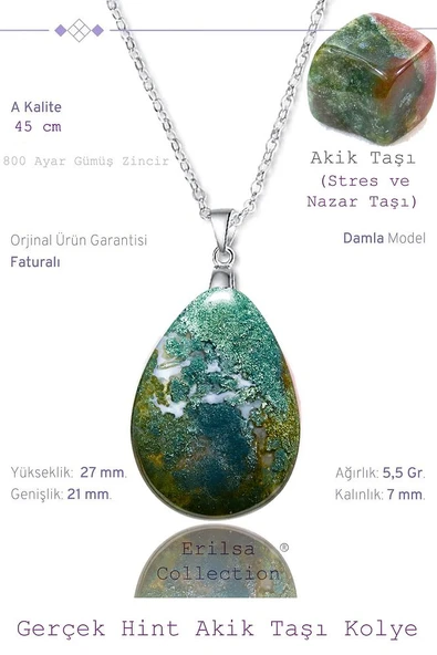 Sertifikalı Damla Model Yosunlu Hint Akik Taşı Kolye (GÜMÜŞ APARATLI) ürün görseli 1