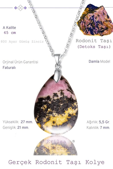Sertifikalı Damla Model Rodokrozit - Rodonit Taşı Kolye (GÜMÜŞ APARATLI) ürün görseli 1