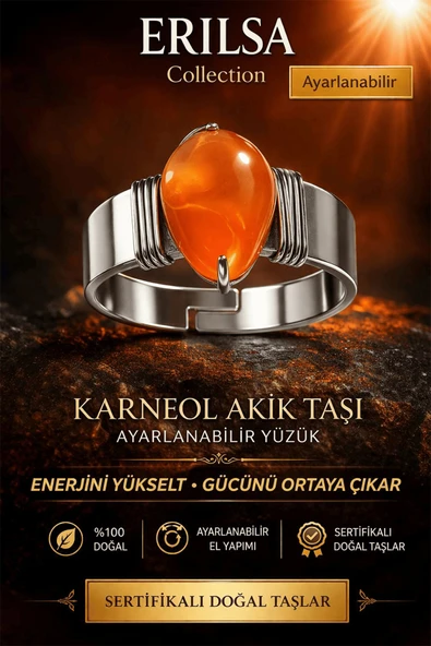 Sertifikalı Karneol - Karnelyan Turuncu Akik Doğal Taş Ayarlanabilir Yüzük – Enerji ve Motivasyon ürün görseli 1