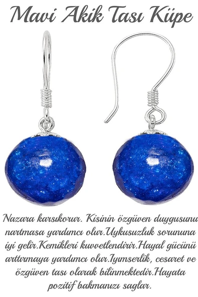 Sertifikalı Gümüş Alaşımlı Mavi Akik Taşı Küpe ürün görseli 1