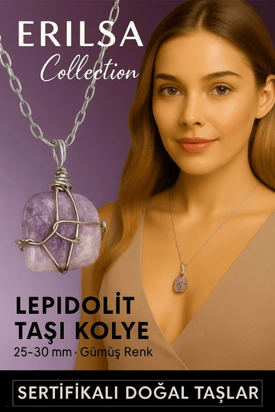 Sertifikalı Ham Gümüş Tel Sargılı Lepidolit (Peygamber Taşı) Kolye – 25-30 mm Huzur ve Denge Taşı ürün görseli 1