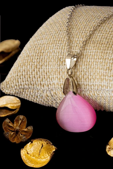 Sertifikalı Özel Kesim Pembe Kedi Gözü Taşı Kolye ürün görseli 1