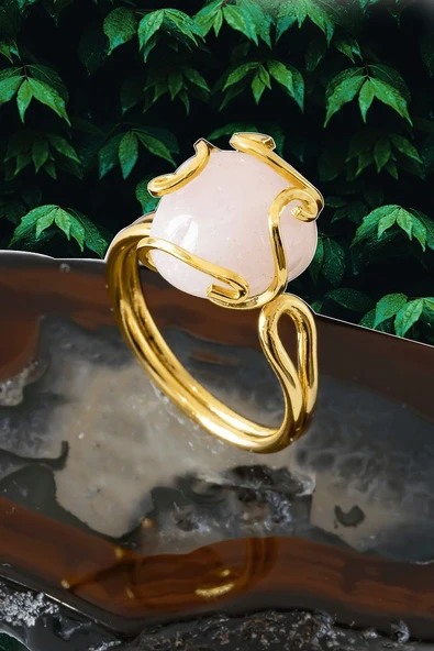 Sertifikalı Gold Rokoko Model Pembe Kuvars Taşı Yüzük - Ayarlamalı ürün görseli 1