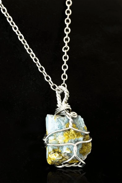 Sertifikalı Ham Tel Sargılı Larimar Taşı Kolye (Atlantis Taşı) ürün görseli 1