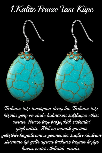 Sertifikalı Damla Kesim Iran Firuze - Turkuaz Taşı Doğal Taş Küpe - 1.kalite ürün görseli 1