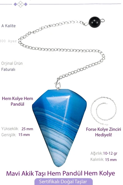 Sertifikalı Mavi Akik Taşı Pandül Sarkaç Hem Pandül - Hem Kolye ürün görseli 1