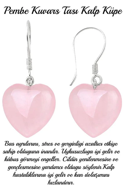 Sertifikalı Kalp Kesim Pembe Kuvars Taşı Doğal Taş Küpe ürün görseli 1