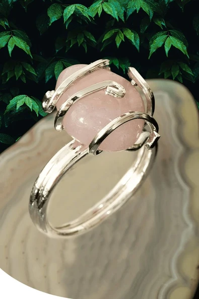 Sertifikalı Gümüş Rokoko Model Pembe Kuvars Taşı Yüzük - Ayarlamalı ürün görseli 1