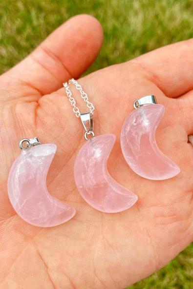 Sertifikalı Pembe Kuvars Doğal Taş Ay Model Kolye ürün görseli 1