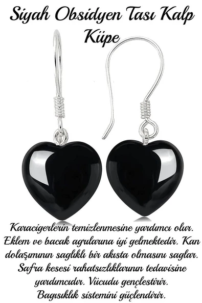 Sertifikalı Kalp Kesim Siyah Obsidyen Taşı Doğal Taş Küpe ürün görseli 1