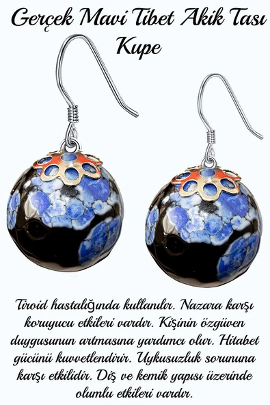 Sertifikalı Mavi Siyah Tibet Akik Taşı Doğal Taş Küpe ürün görseli 1