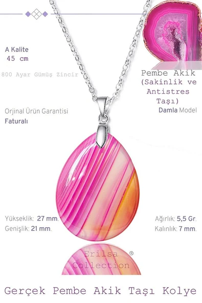 Sertifikalı Damla Model Pembe Akik Taşı Kolye (Gümüş Aparatlı) ürün görseli 1