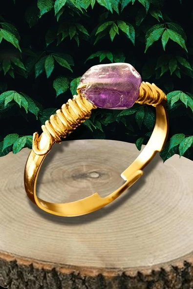 Sertifikalı Kırık Taşlı Gold Model Ametist Taşı Yüzük - Ayarlamalı ürün görseli 1
