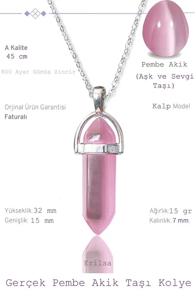 Sertifikalı Çivi Model Pembe Akik Taşı Kolye (1.Kalite) ürün görseli 1