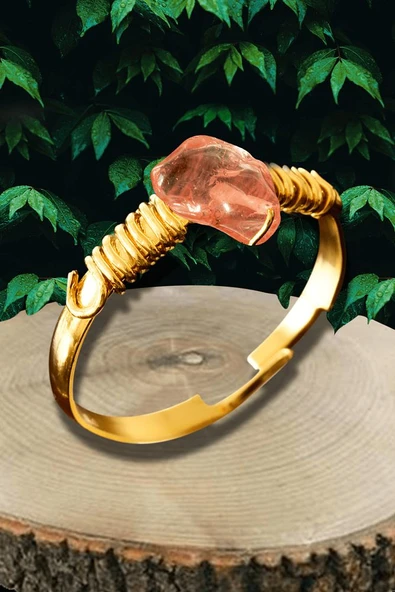 Sertifikalı Kırık Taşlı Gold Model Gül Kuvars Taşı Yüzük - Ayarlamalı ürün görseli 1