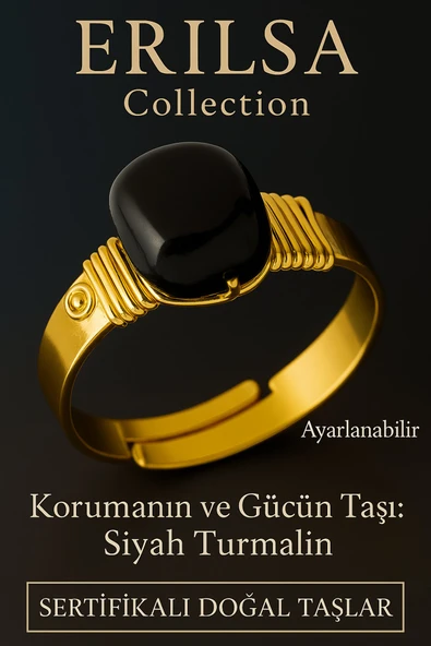 Sertifikalı Kalın Tımbıl Gold Model Siyah Turmalin Taşı Yüzük - Ayarlamalı ürün görseli 1