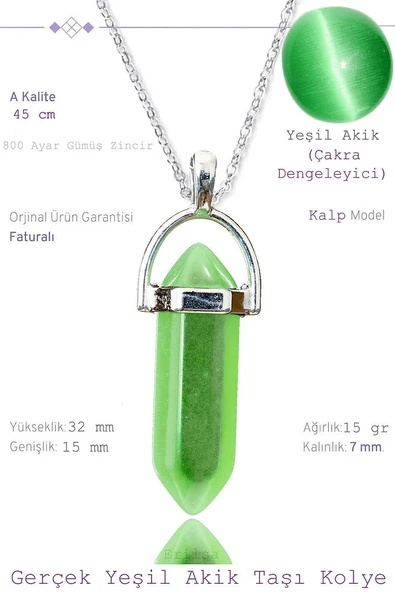 Sertifikalı Çivi Model Yeşil Akik Taşı Kolye (1.Kalite) ürün görseli 1