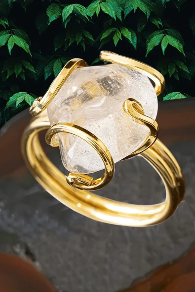 Sertifikalı Gold Rokoko Model Kristal Kuvars Taşı Yüzük - Ayarlamalı ürün görseli 1